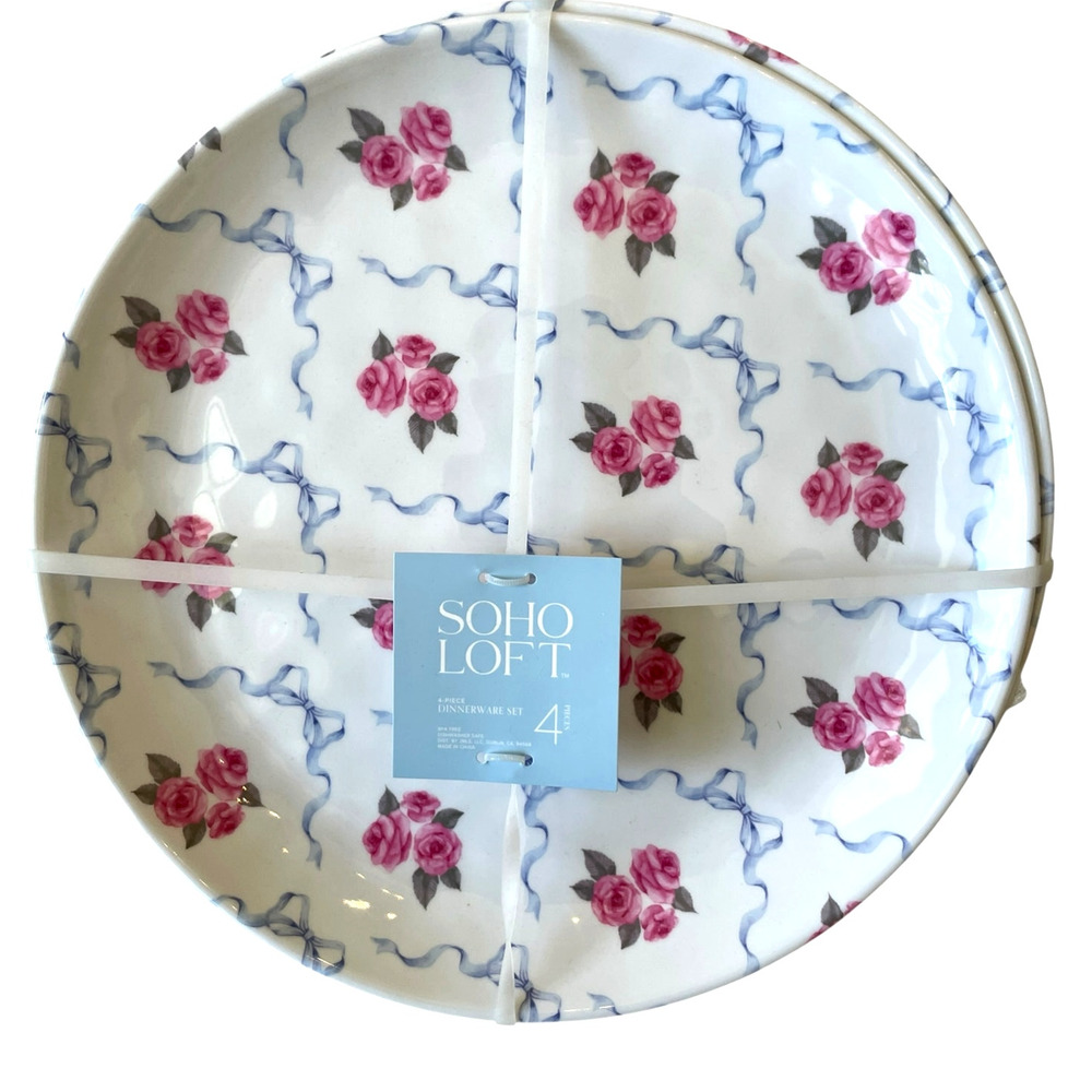 Soho Loft Melamine Dinner Plates 11in Pink Roses Lavender Bows Set of 4 NEW